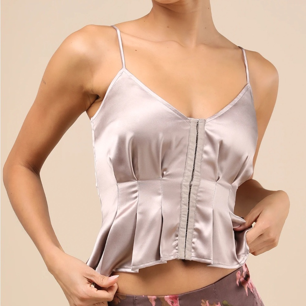 Kailany Taupe Satin Pleated Peplum Cami Top